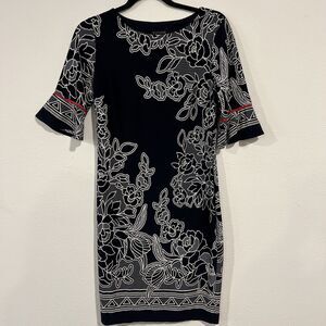 Enfocus Studio Dress Womens 8 Blue White Embossed Floral 1/2 Flutter Sleeve Corp